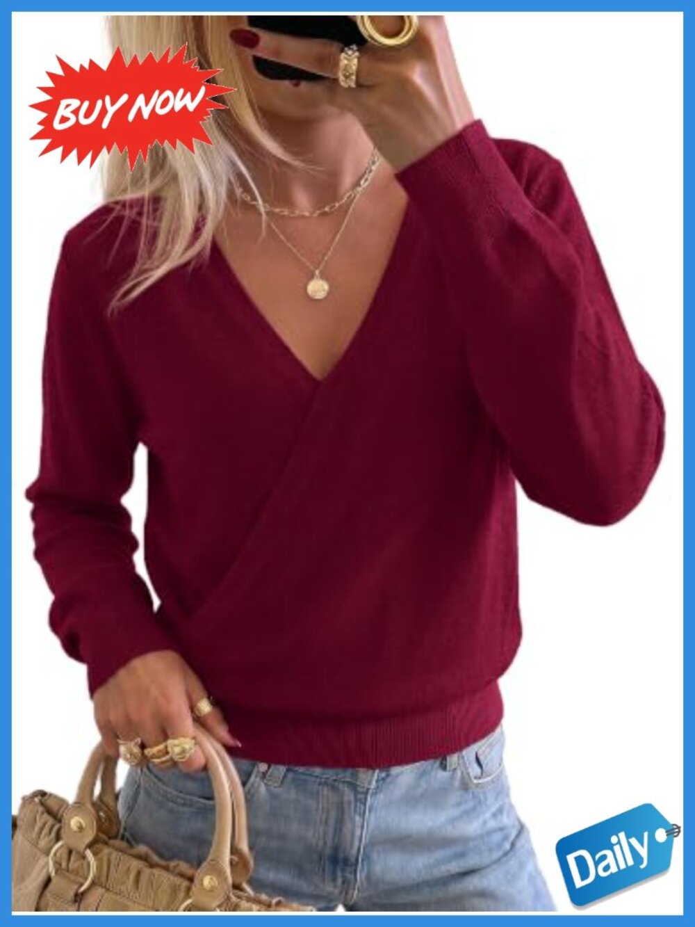 Wrap Sweater Womens Long Sleeve V Neck Pullover Crossover Top